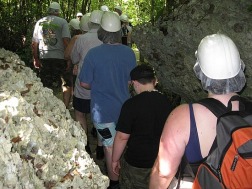 Climbing an incline in the caves